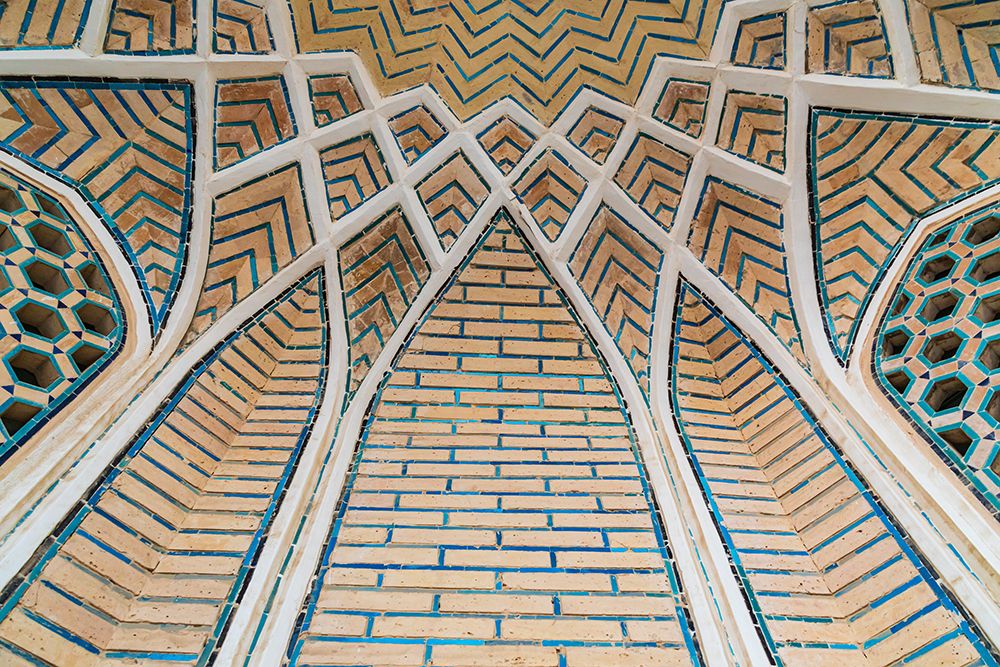 Bukhara, Uzbekistan, Central Asia. Decorative arched ceiling at the Kalan Mosque in Bukhara.